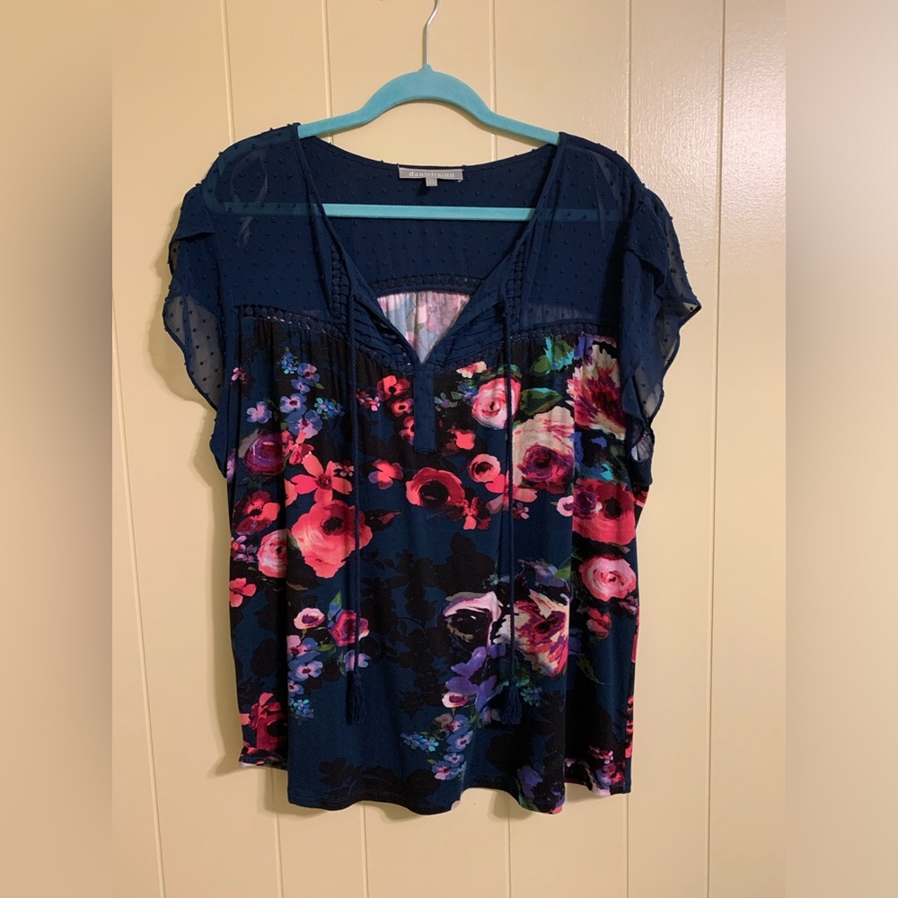 DANIEL RAINN Women’s Blue Floral Flutter Short Sleeve Blouse Top XXL